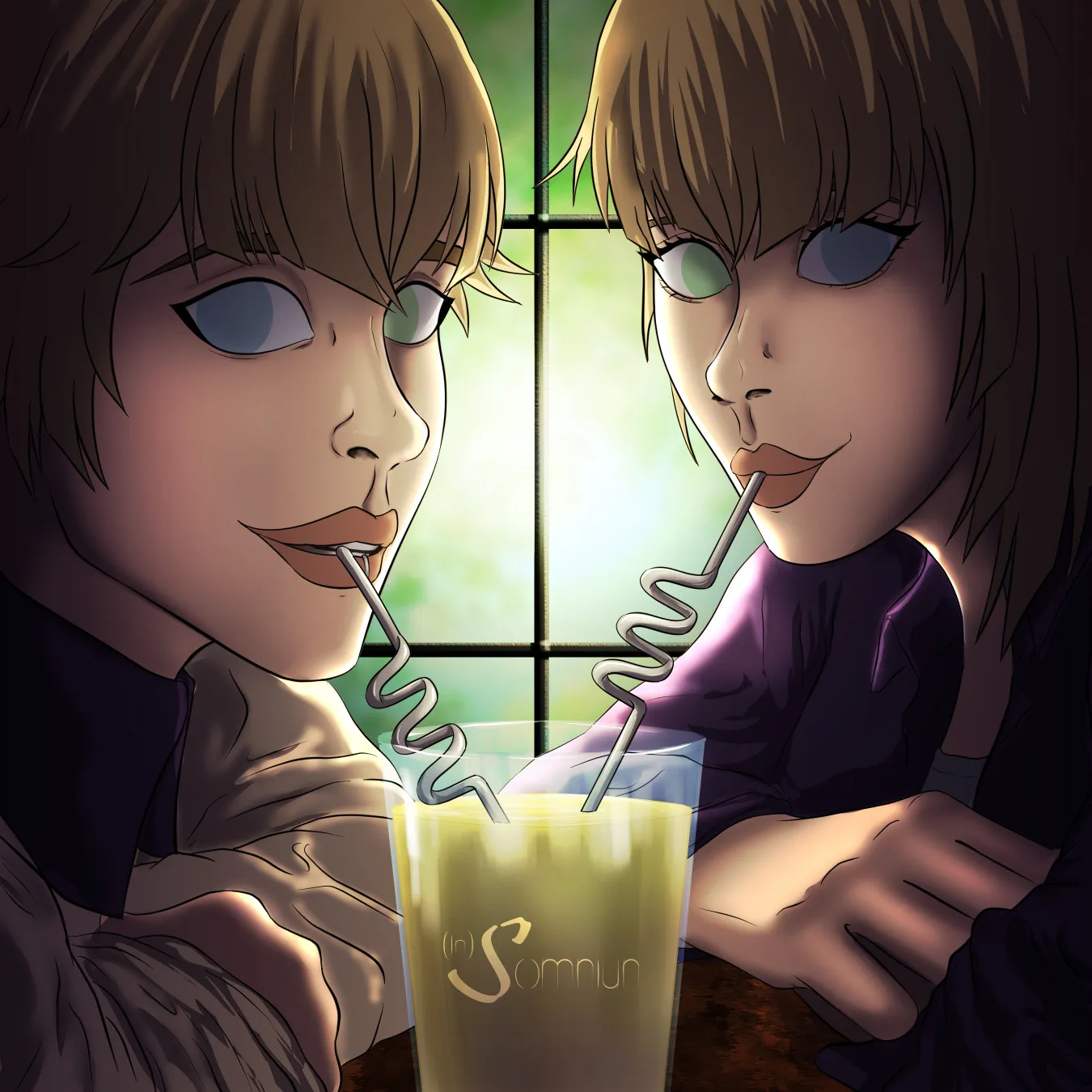 Illustration numérique des jumeaux Eziel et Eliah, buvant dans le même verre, chacun une paille à la bouche