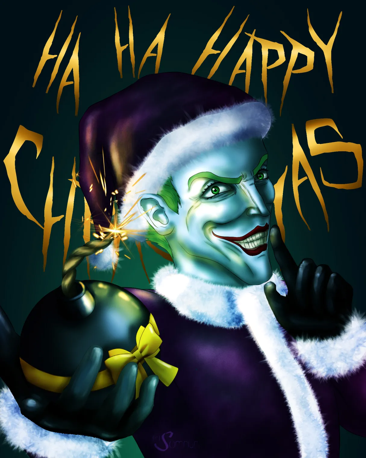 Fan Art du Joker de Batman en costume de Père Noël et de couleur violette. Il fait signe de se taire en tenant une bombe dans les mains, un grand sourire aux lèvres